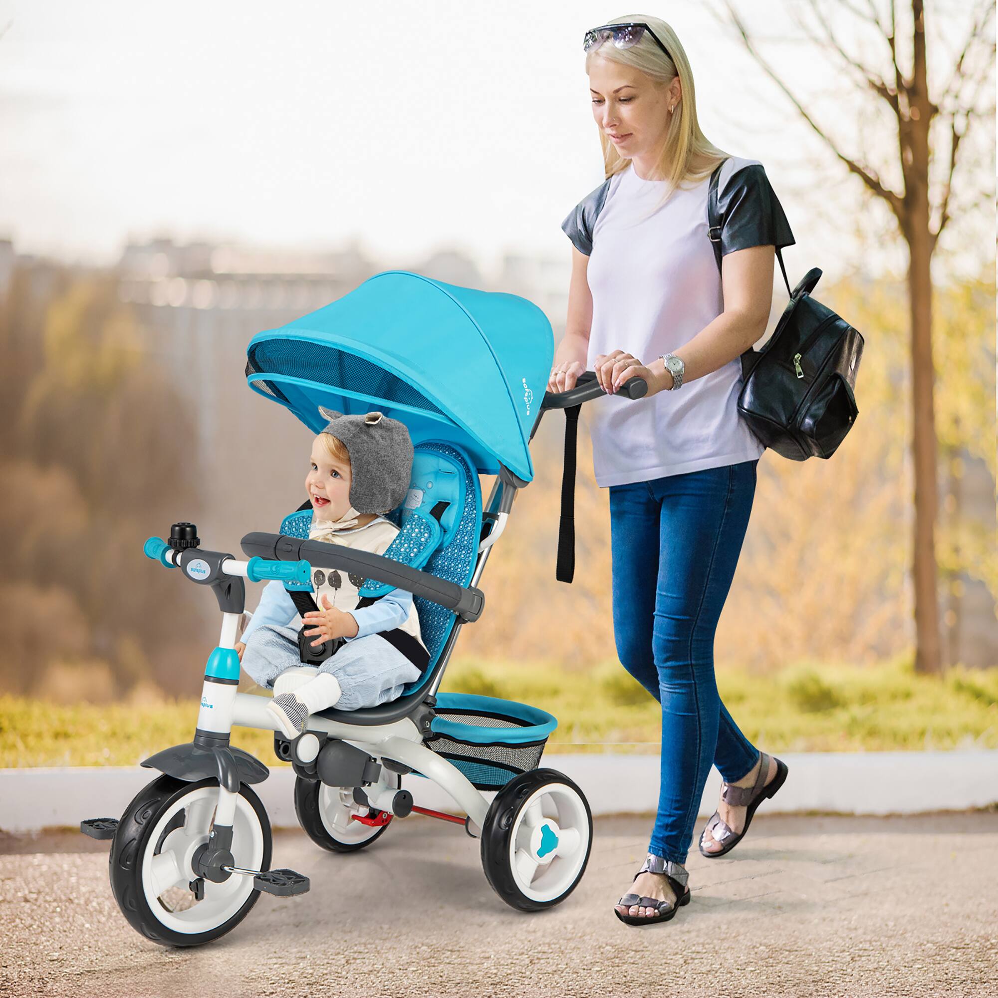 Alt View 1. Gymax - Gymax Baby Tricycle Stroller 6-in-1 Kids Push Trike w/ Removable 5-Position Canopy Blue - Blue.