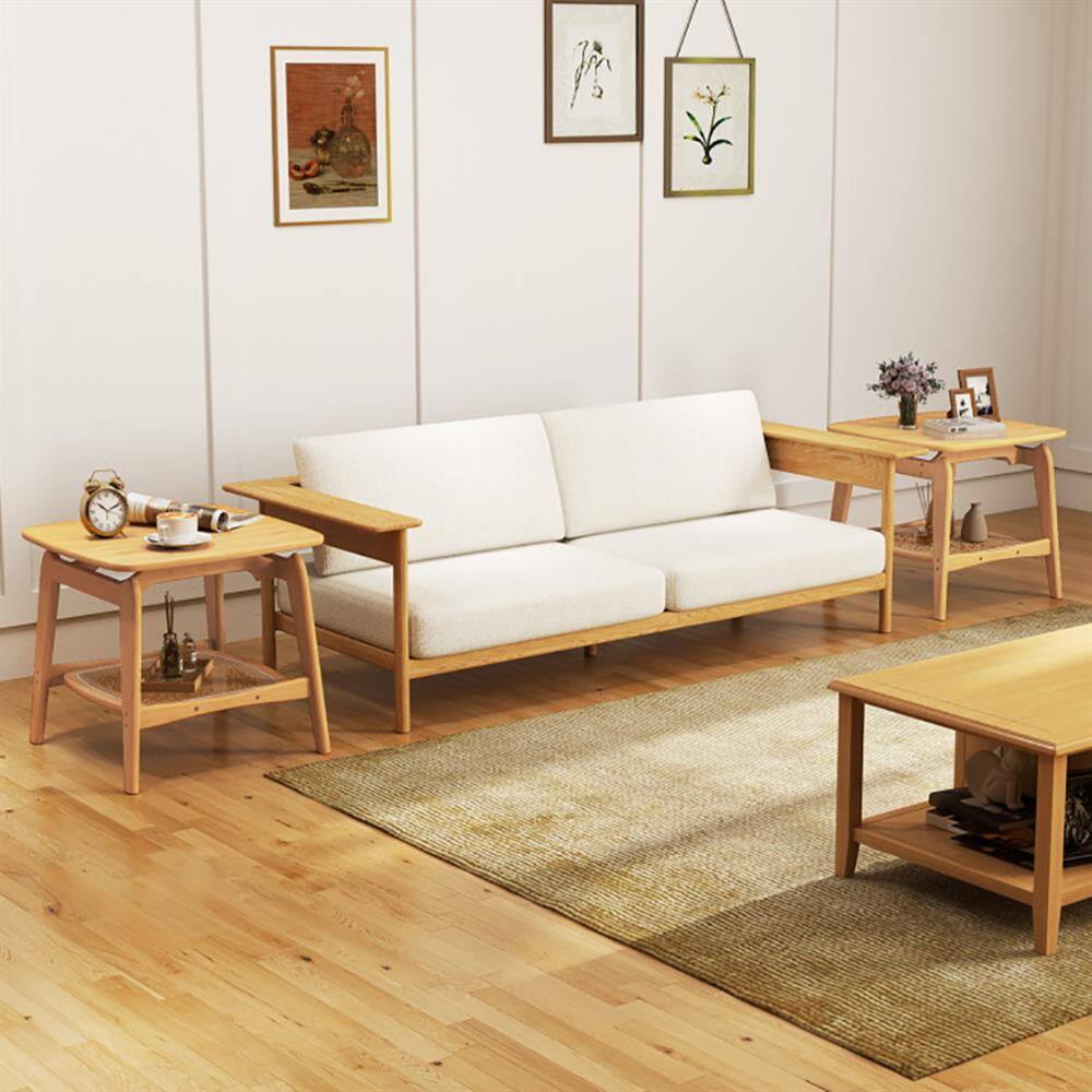 Alt View 2. Kadyn - Sofa Side End Table, End Table, Couch Table,Boho Bamboo Sofa Side Table with Faux Rattan Storage Shelf-Natural - Beige.