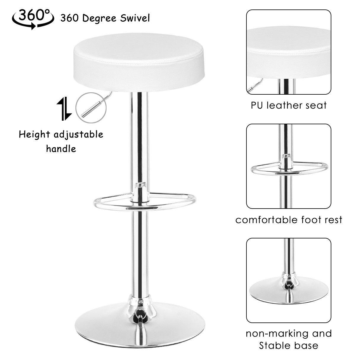 360 Degree Swivel, Height Adjustable Handle, PU Leather Seat, Comfortable Foot Rest, Non-Marking and Stable Base.