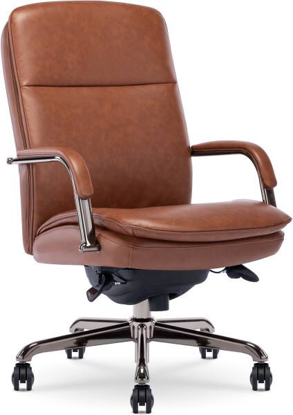 Angle. La-Z-Boy - Executive Office Chair with Lumbar Support & Padded Arms Ergonomic Desk Chair Leather with Reclining Backrest & Swivels - Cognac & Graphite.