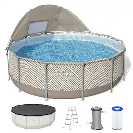 Bestway - Steel Pro MAX 13' x 42" Round Above Ground Pool Set with Canopy & Ladder - Beige Chevron