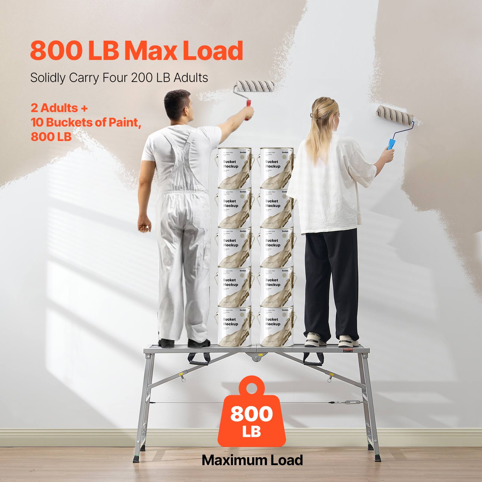 800 LB Max Load  
Solidly Carry Four 200 LB Adults  
2 Adults + 10 Buckets of Paint, 800 LB  

800 LB Maximum Load