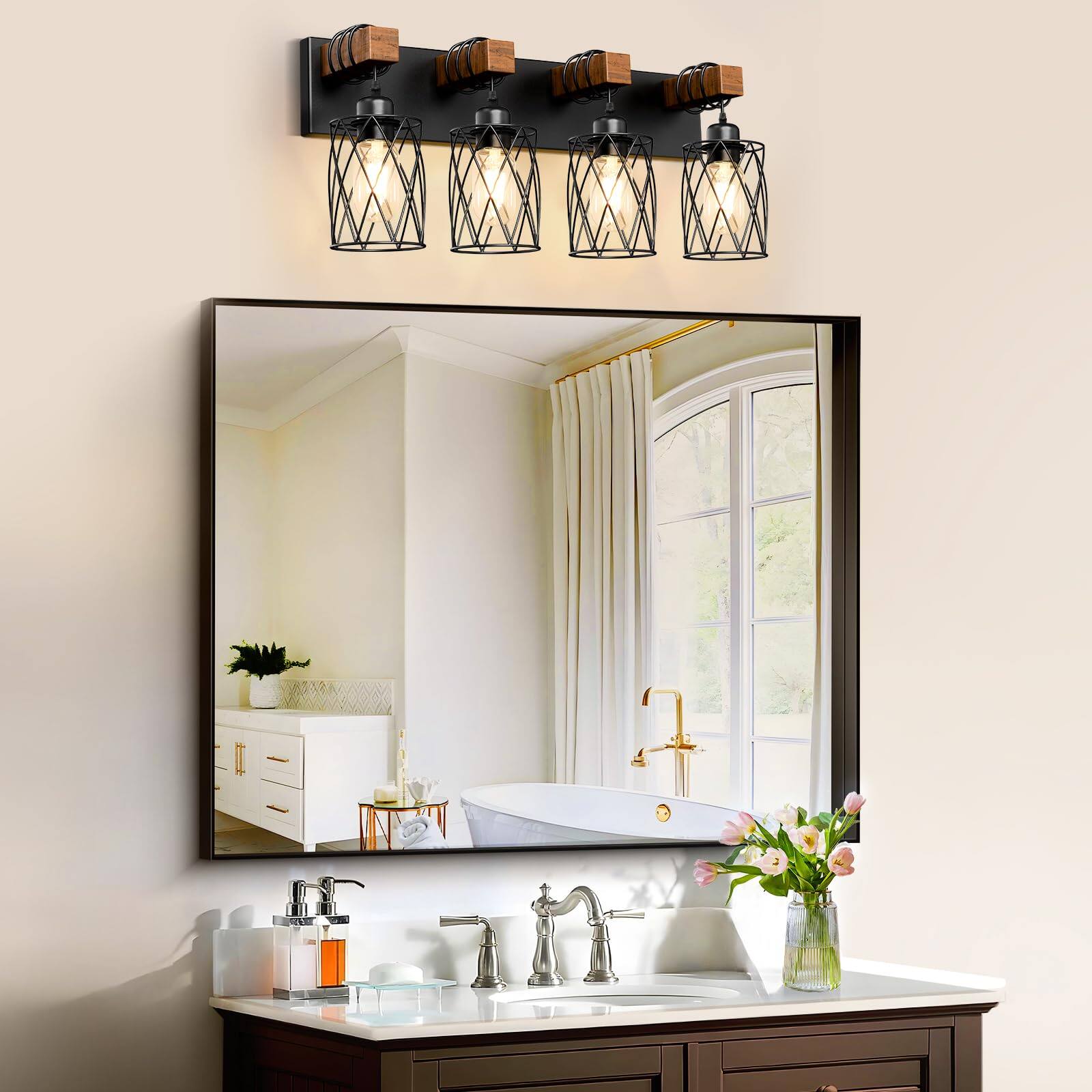 Left. Cedar Assembly - Farmhouse Bathroom Vanity Light Wood Fixtures Over Mirror Industrial Lights With Metal Shade Rustic Restroo - Black 5 - Light.