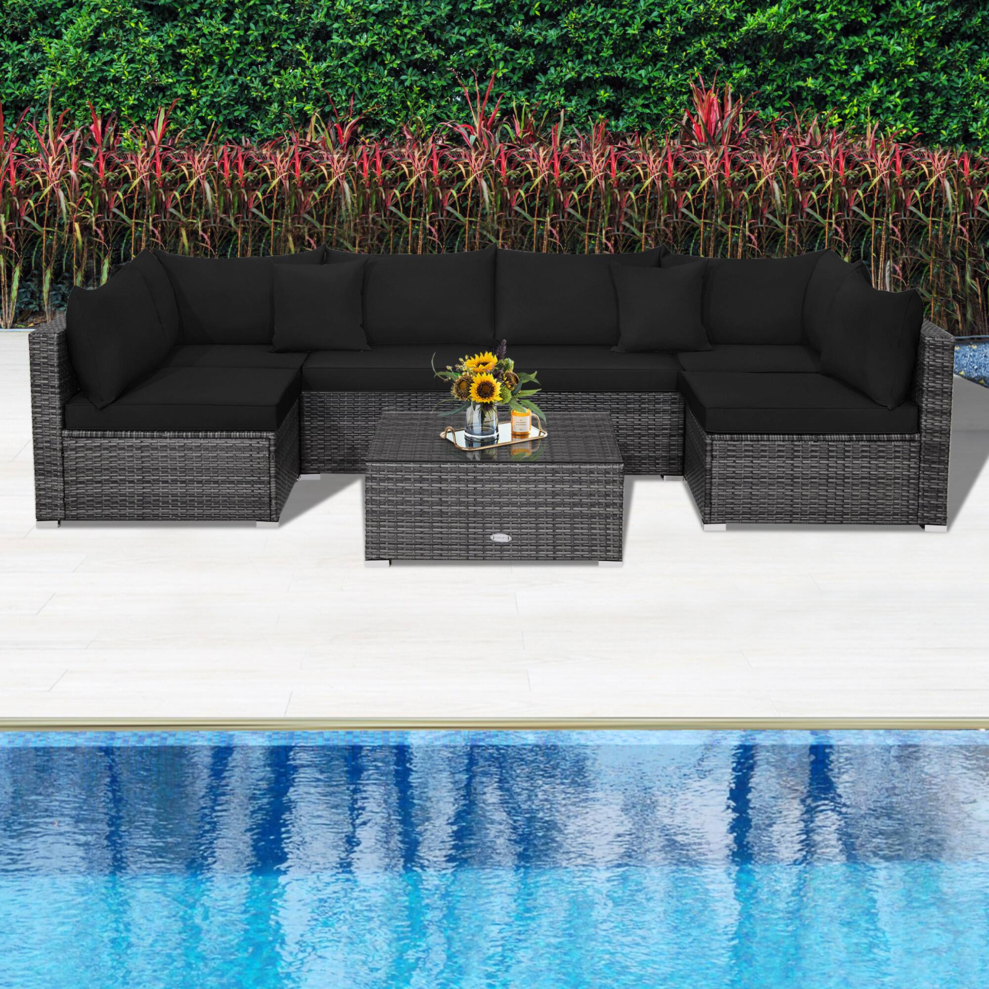 Alt View 9. Gymax - Gymax 7PCS Patio Rattan Sectional Sofa Set Outdoor Furniture Set w/ Black Cushions - Black.