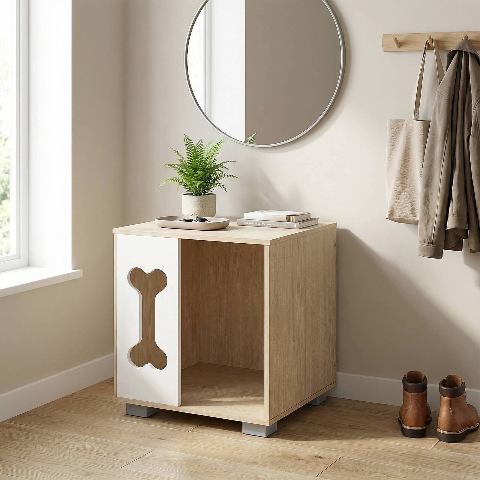 Alt View 1. Costway - Costway Dog Bed Side Table, Wooden Dog Condo with Bone-shape Window & Thick Metal Legs - Natural,White.