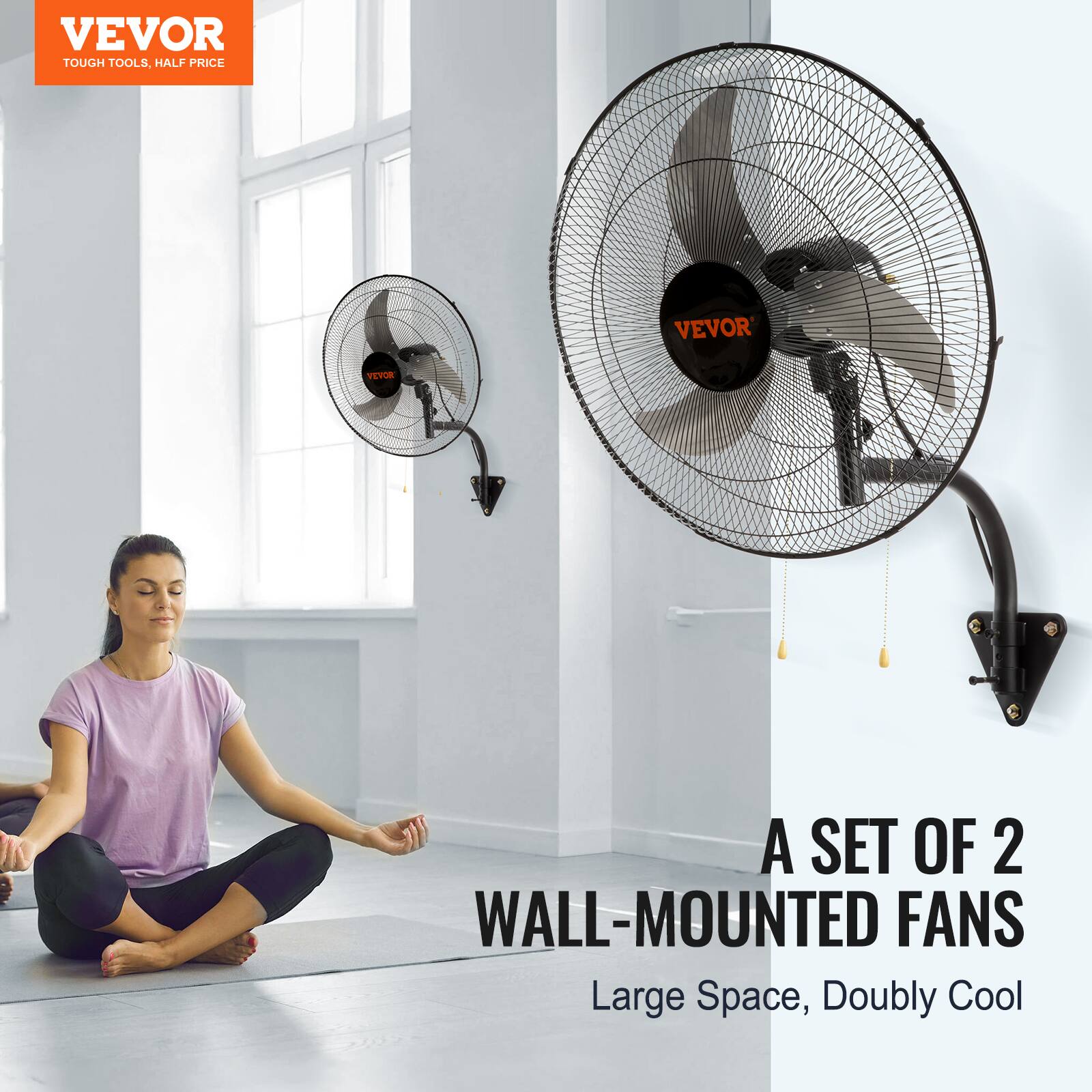 VEVOR TOUGH TOOLS, HALF PRICE, VEVOR, A SET OF 2 WALL-MOUNTED FANS, Large Space, Doubly Cool