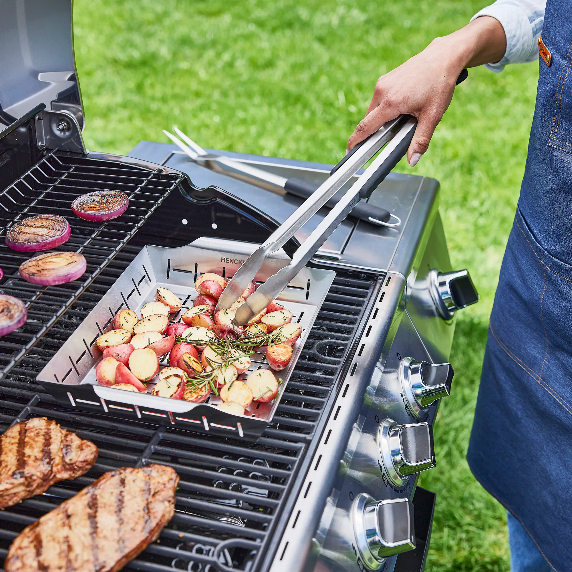 Alt View 3. Henckels - Henckels BBQ 2-pc Stainless Steel Grill Topper And Basket Set - Stainless Steel.