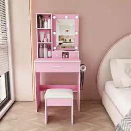 Loheer - Makeup Vanity with Adjustable LED Lights, Mirror and Stool for Small Bedrooms - Pink