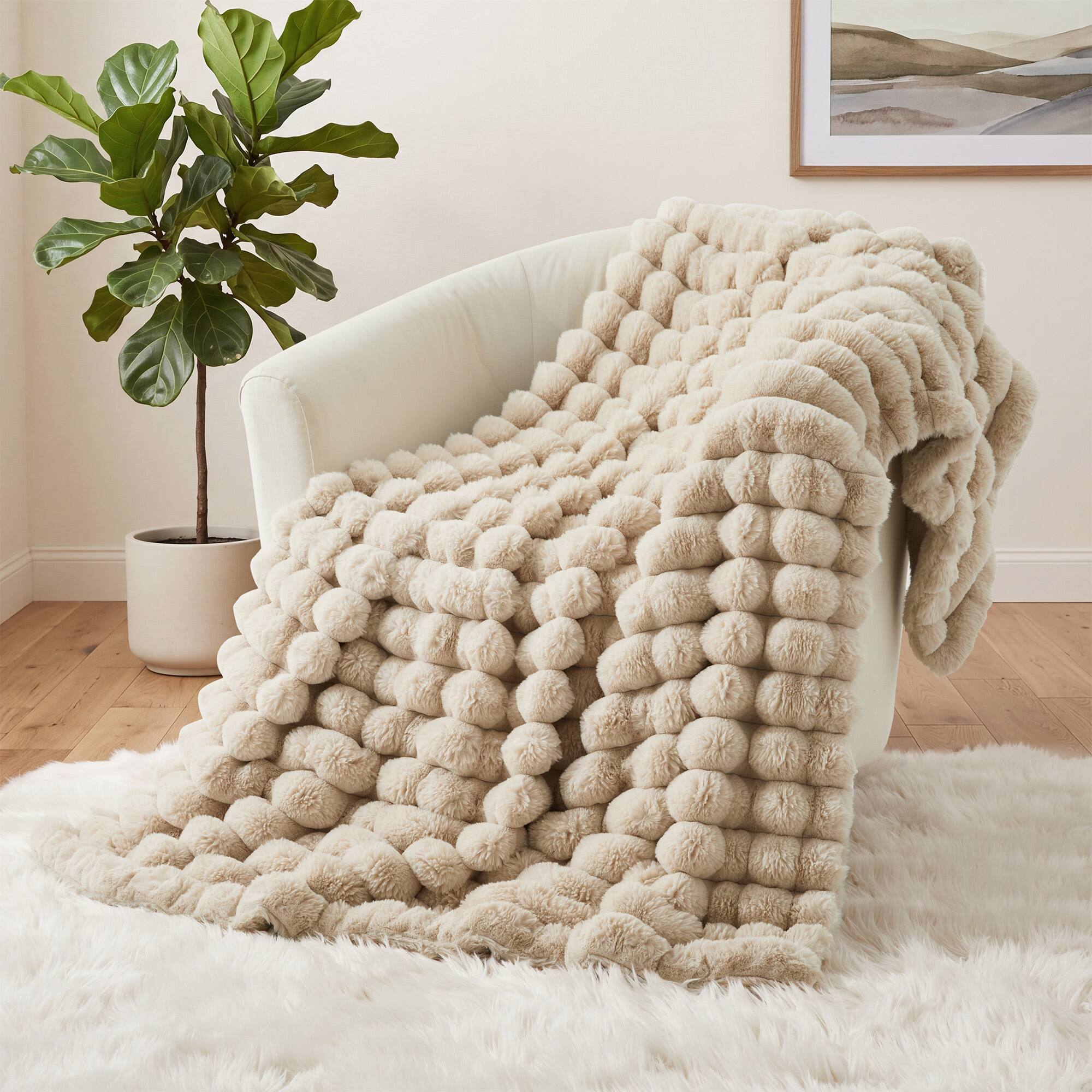 Angle. Peace Nest - Peace Nest Faux Rabbit Fur Bubble Textured Throw Blanket, Soft Fluffy Blanket 50" x 60", Cream - Cream.