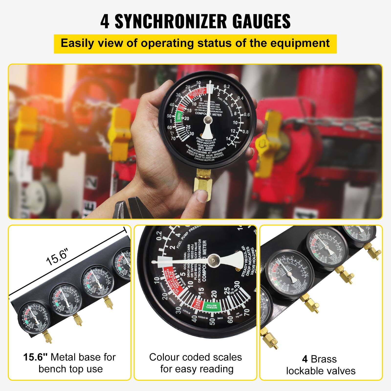 4 SYNCHRONIZER GAUGES  
Easily view the operating status of the equipment  

- 15.6" Metal base for bench top use  
- Colour coded scales for easy reading  
- 4 Brass lockable valves