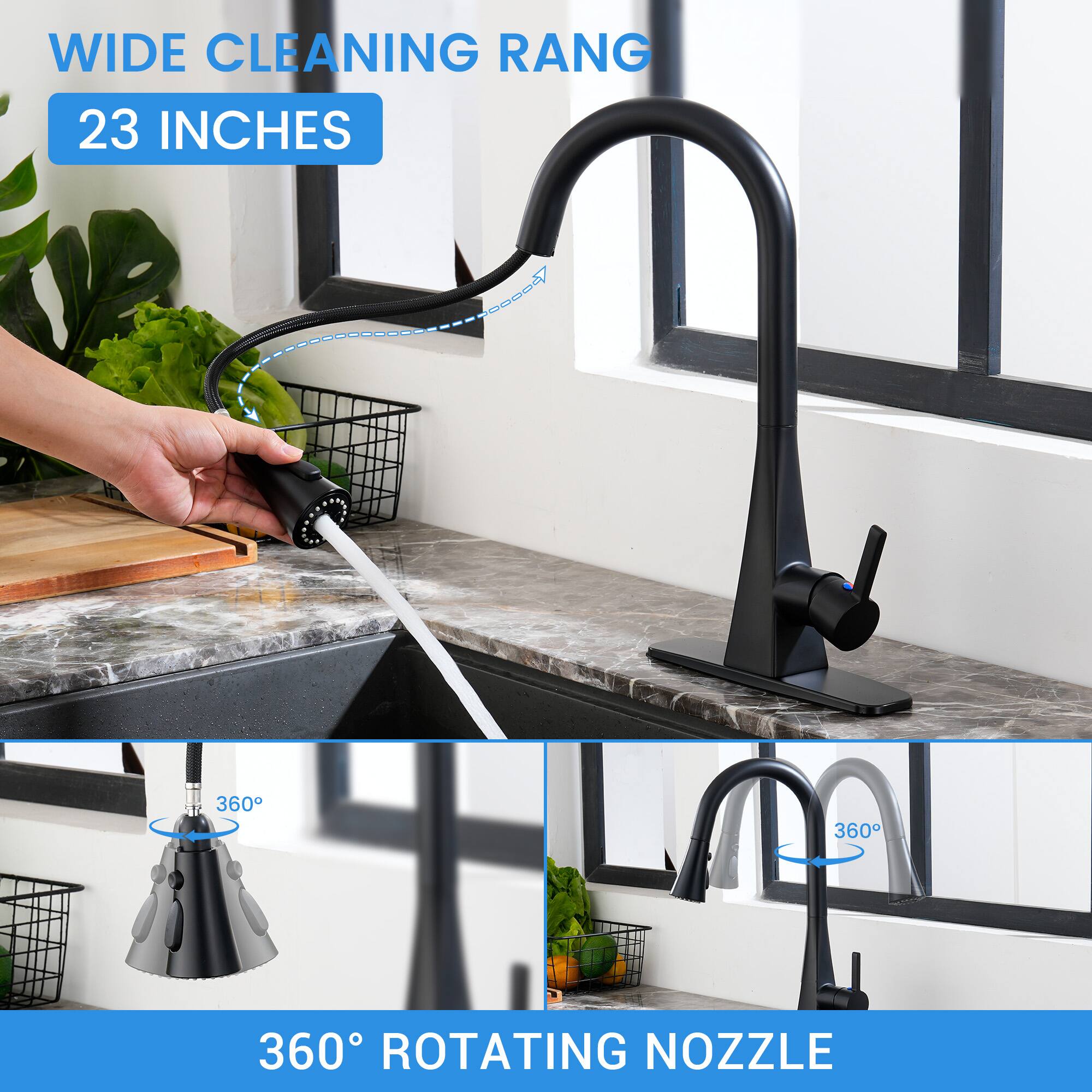 WIDE CLEANING RANGE  
23 INCHES  

360° ROTATING NOZZLE