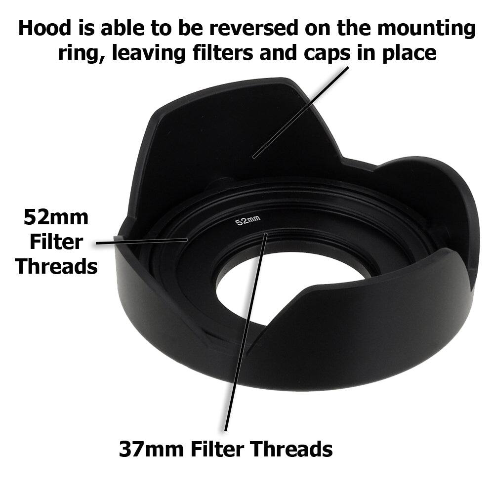 Hood is able to be reversed on the mounting ring, leaving filters and caps in place

52mm Filter Threads

37mm Filter Threads