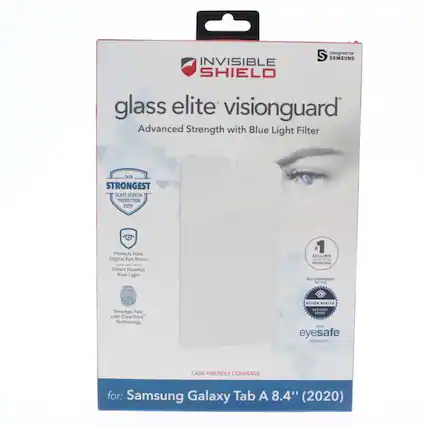 Designed for SAMSUNG INVISIBLE SHIELD glass elite visionguard Advanced Strength with Blue Light Filter OUR STRONGEST GLASS SCREEN PROTECTION EVER Protects from Digital Eye Strain and Filters Harmful Blue Light 1 SELLING ..A O RECOMMENDED BETHE Smudge-free with ClearPrint Technology WISION HEALTH S8T eyesafe CASE-FRIENDLY COVERAGE for: Samsung Galaxy Tab A 8.4" (2020)