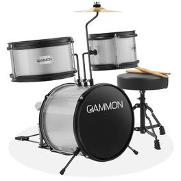 Gammon Percussion - 3pc Junior Drum Set - Beginner Kit with Throne - Cymbal - Drumsticks - Silver