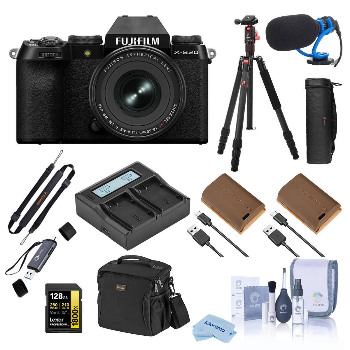 FUJIFILM X-S20 ASPHERICAL FUJINON LENS 058 SUPER WR EBC LM R XF 1:2.8-4.8 16-50mm

'SLINGER
PACK Lidon BATTERY
128GS 280 210 0 Drill VooU x Lexar PROFESSIONAL 1800x
Ruce
10.0% YOUPER Adorama
PRO OPTIC
-
morport
CFC wost
PRO OPTC