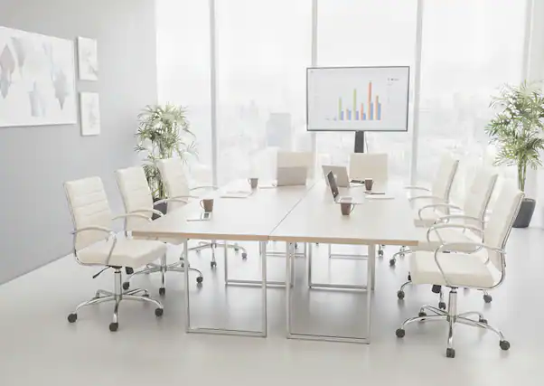 Front. LeisureMod - Set of 8 Benmar Modern Leather Upholstered Office Desk Chair with Swivel Seat with Smooth-Rolling Casters - White.