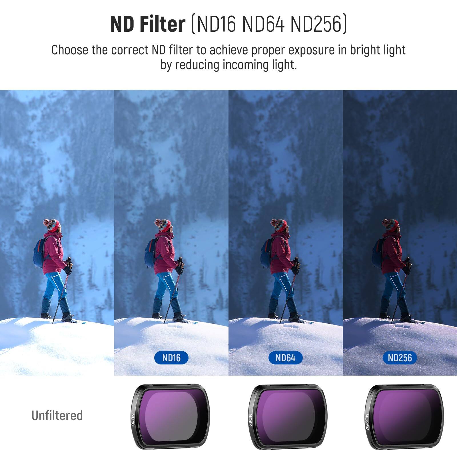 ND Filter (ND16 ND64 ND256)

Choose the correct ND filter to achieve proper exposure in bright light by reducing incoming light.

Unfiltered

ND16

ND64

ND256