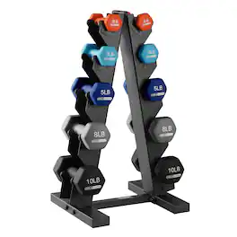 HolaHatha - 2, 3, 5, 8 & 10 Pound Neoprene Dumbbell Weight Set with Storage Rack - Blue/Red