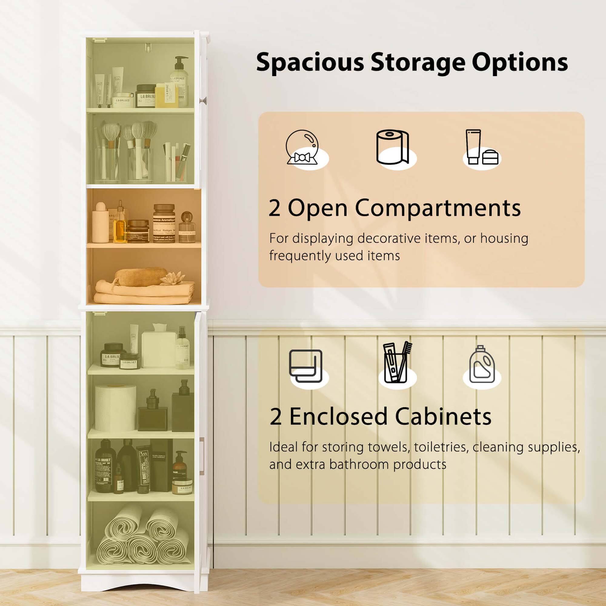 Spacious Storage Options:

1. 2 Open Compartments: For displaying decorative items or housing frequently used items.
2. 2 Enclosed Cabinets: Ideal for storing towels, toiletries, cleaning supplies, and extra bathroom products.