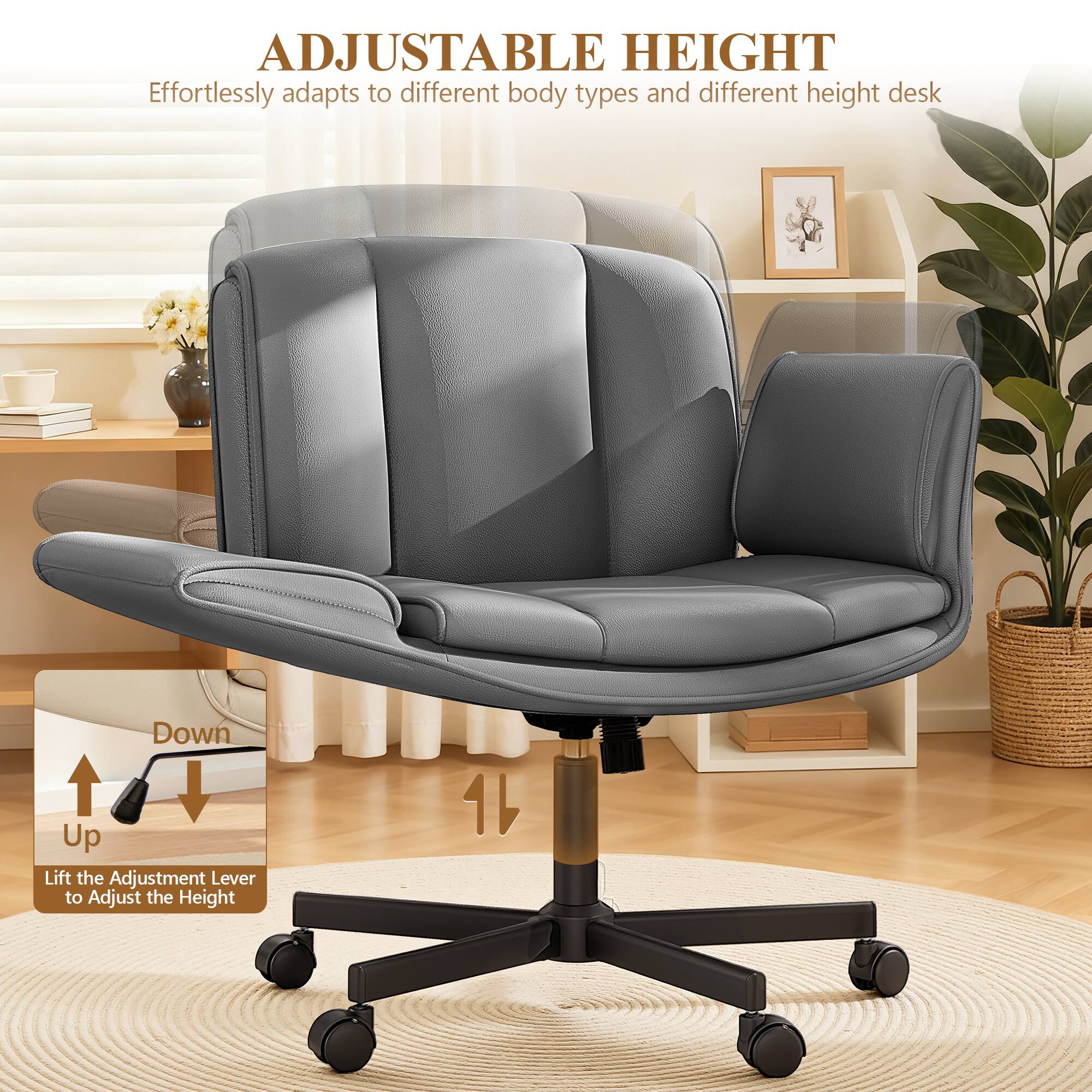 ADJUSTABLE HEIGHT  
Effortlessly adapts to different body types and different height desk  

Down  
Up  

Lift the Adjustment Lever to Adjust the Height