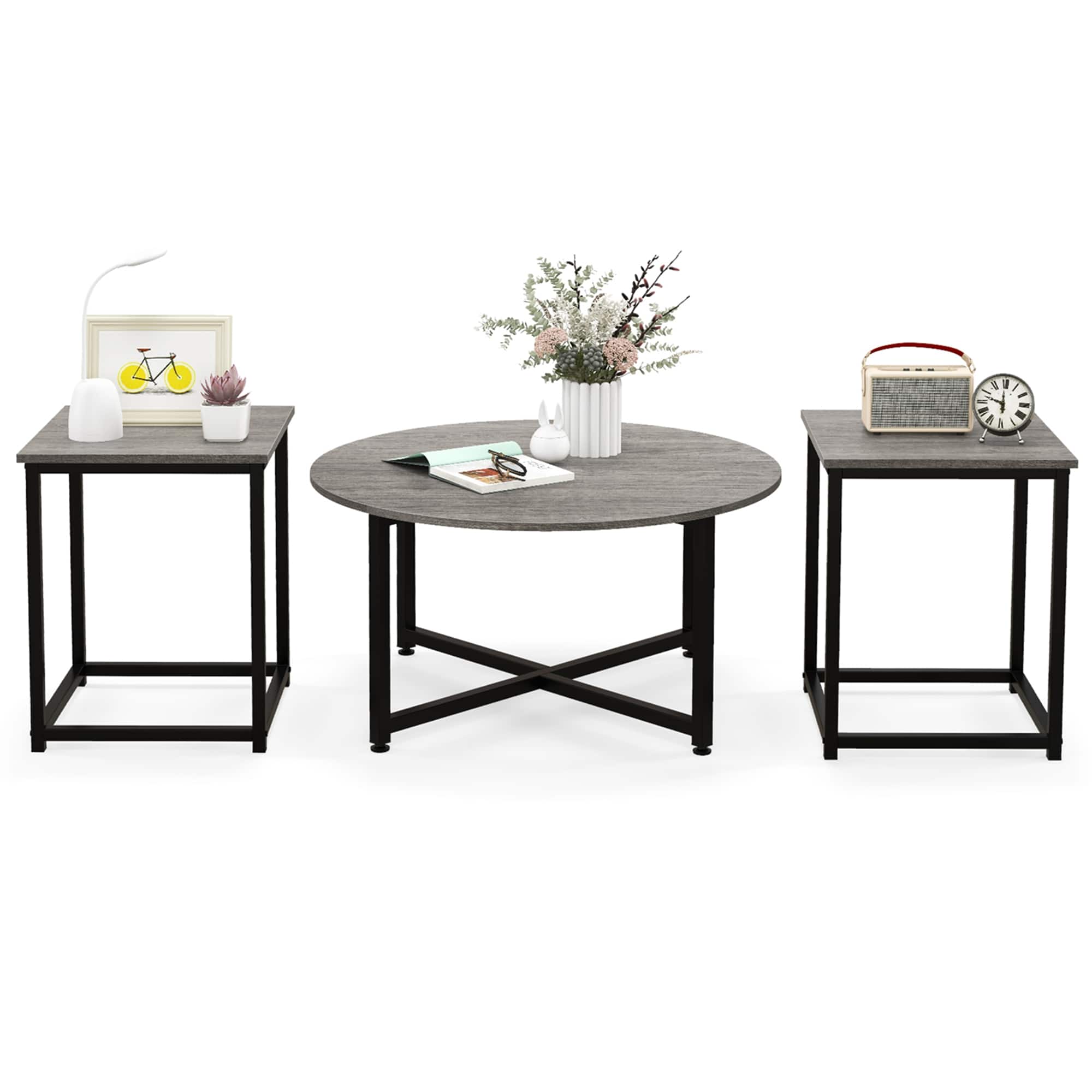 Costway - 3 PCS Coffee Table Set Round Coffee Table and 2 PCS Square End Tables Metal Frame - Gray
