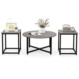 Costway - 3 PCS Coffee Table Set Round Coffee Table and 2 PCS Square End Tables Metal Frame - Gray