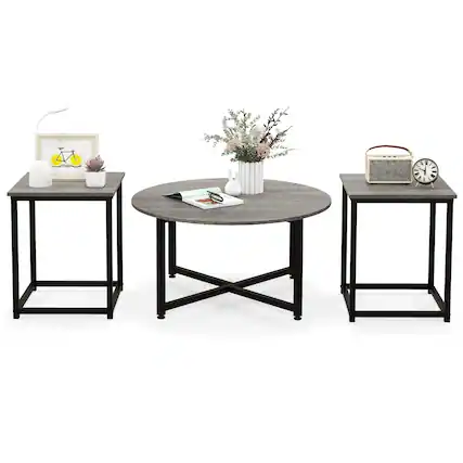 Front. Costway - Costway 3 PCS Coffee Table Set Round Coffee Table and 2 PCS Square End Tables Metal Frame Gray - Gray.
