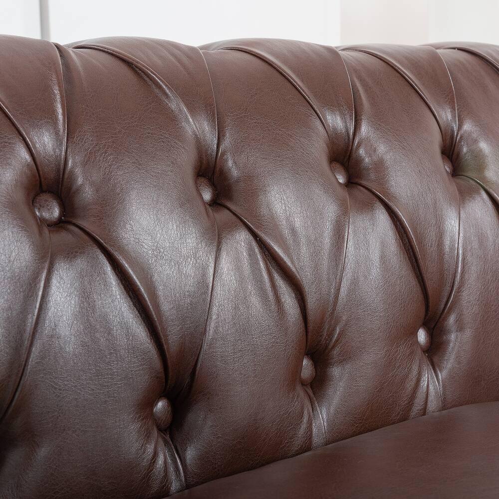 Alt View 8. Loheer - Loheer 84.65" Dark Brown PU Leather Chesterfield Sofa, Rolled Arm 3 Seater Couch with Tufted Back for Living Room - Dark Brown.