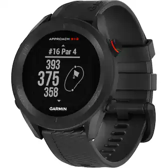 The text on the image reads: "GARMIN APPROACH S12 UP #16 Par 4 393 375 DOWN 358 GARMIN O BACK."