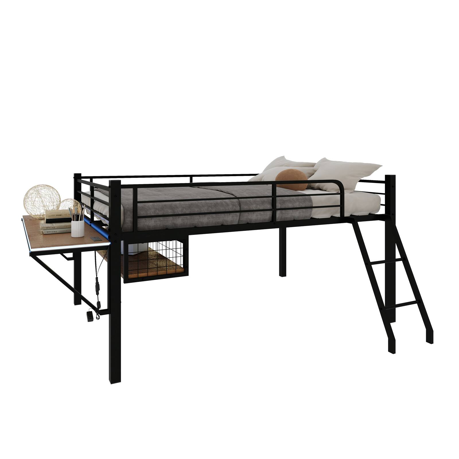 Alt View 8. Loheer - Loheer Full Size Metal Loft Bed with Built-in Desk and LED Lights Black Loft Bed Frame for Teens No Box Spring - Black.