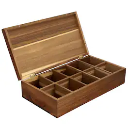 MegaChef - Acacia Wood 14.25 x 7.5 Inch 10 Compartment Tea Box - Brown