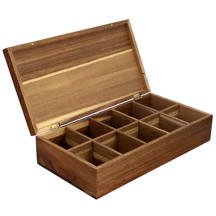Front. MegaChef - MegaChef Acacia Wood 14.25 x 7.5 Inch 10 Compartment Tea Box - Brown.