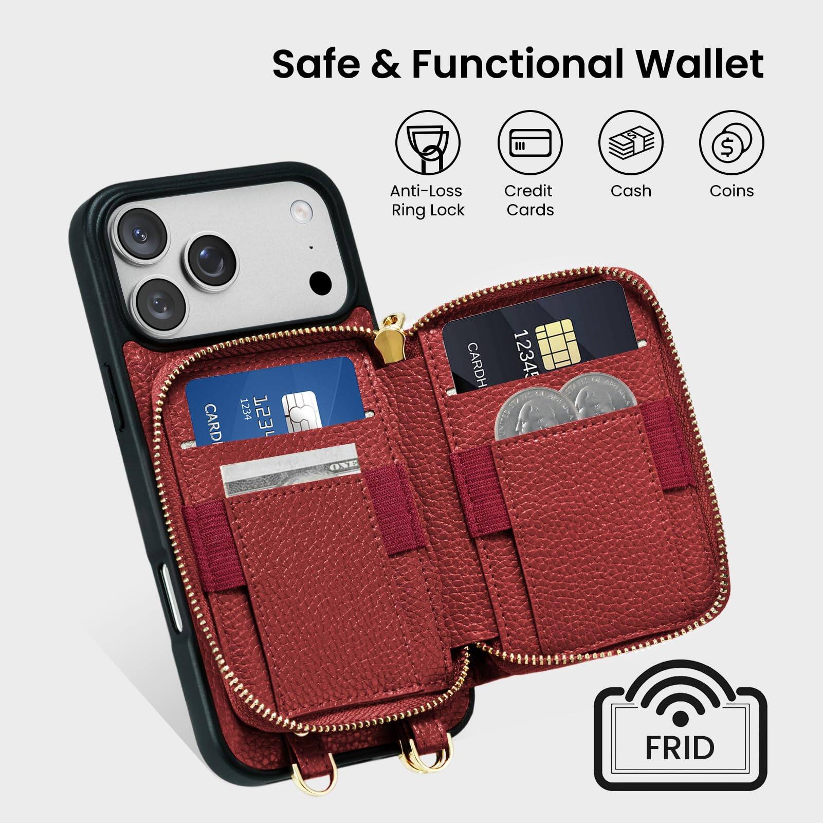 Safe & Functional Wallet

Anti-Loss Ring Lock  
Credit Cards  
Cash  
Coins  

FRID