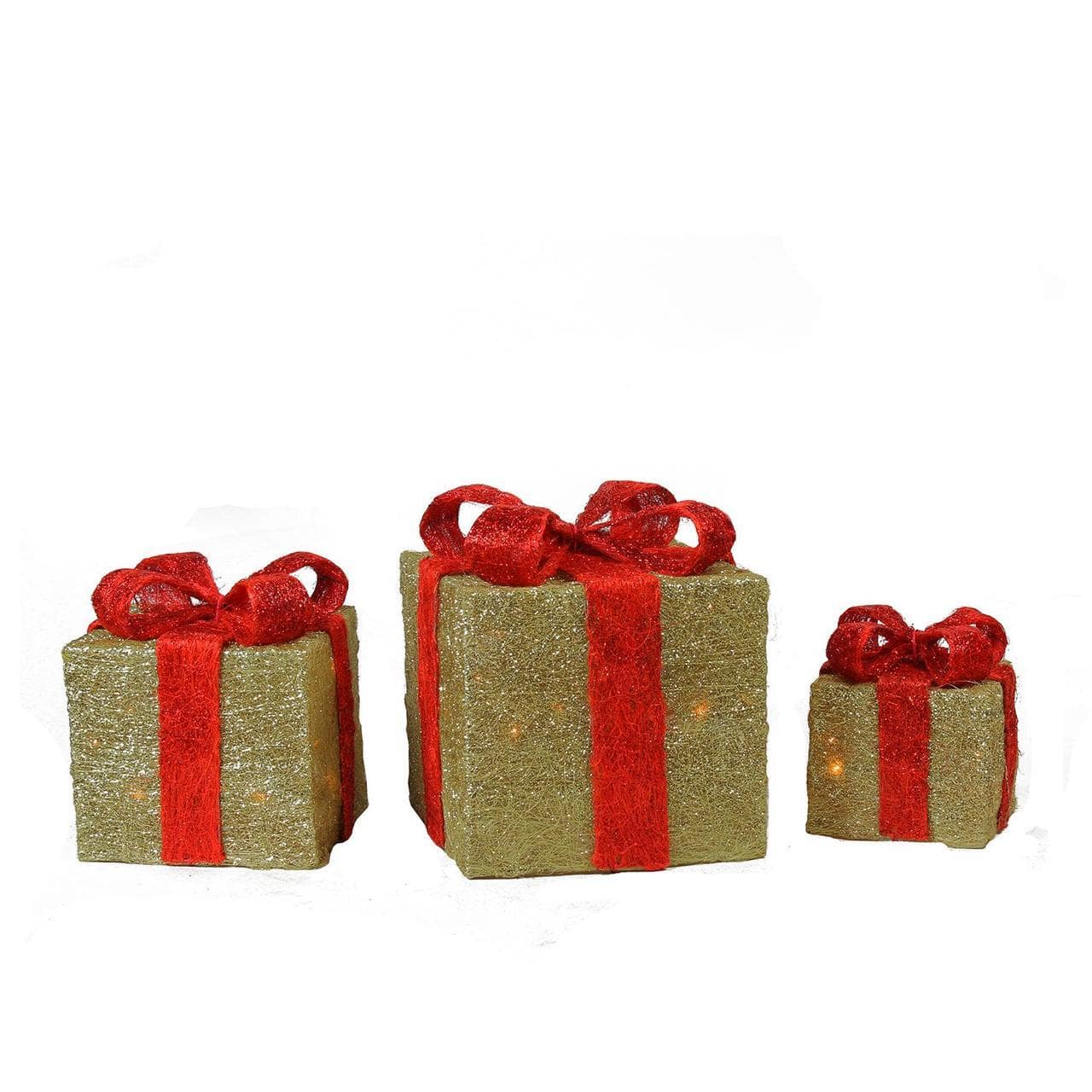 Northlight - Set of 3 Lighted and Red Gift Boxes Christmas Outdoor Decorations 10" - Gold