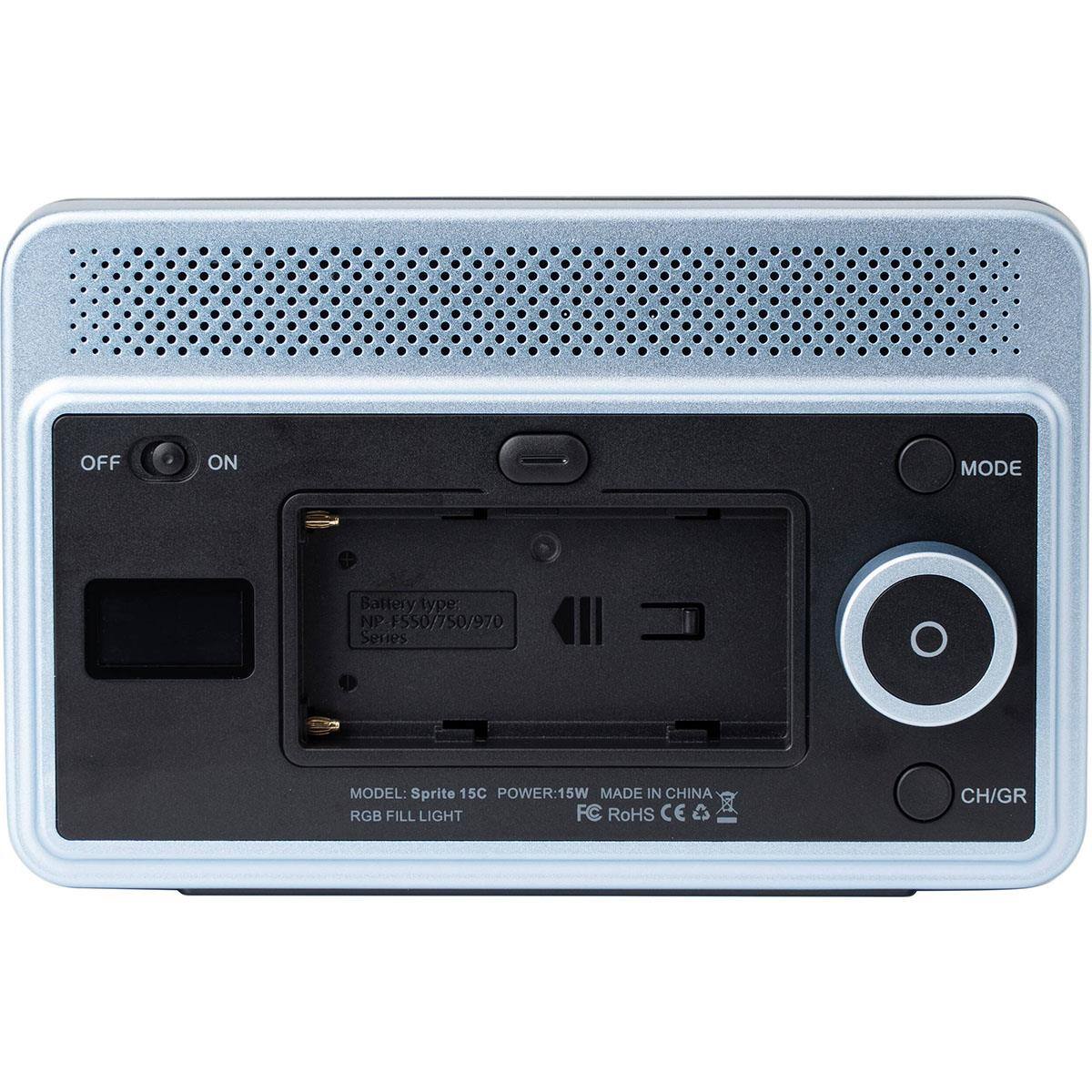 OFF ON MODE  
Battery type: NP F550/750/970  
Series  
MODEL: Sprite 15C  
POWER: 15W  
MADE IN CHINA  
RGB FILL LIGHT  
RoHS CE  
CH/GR