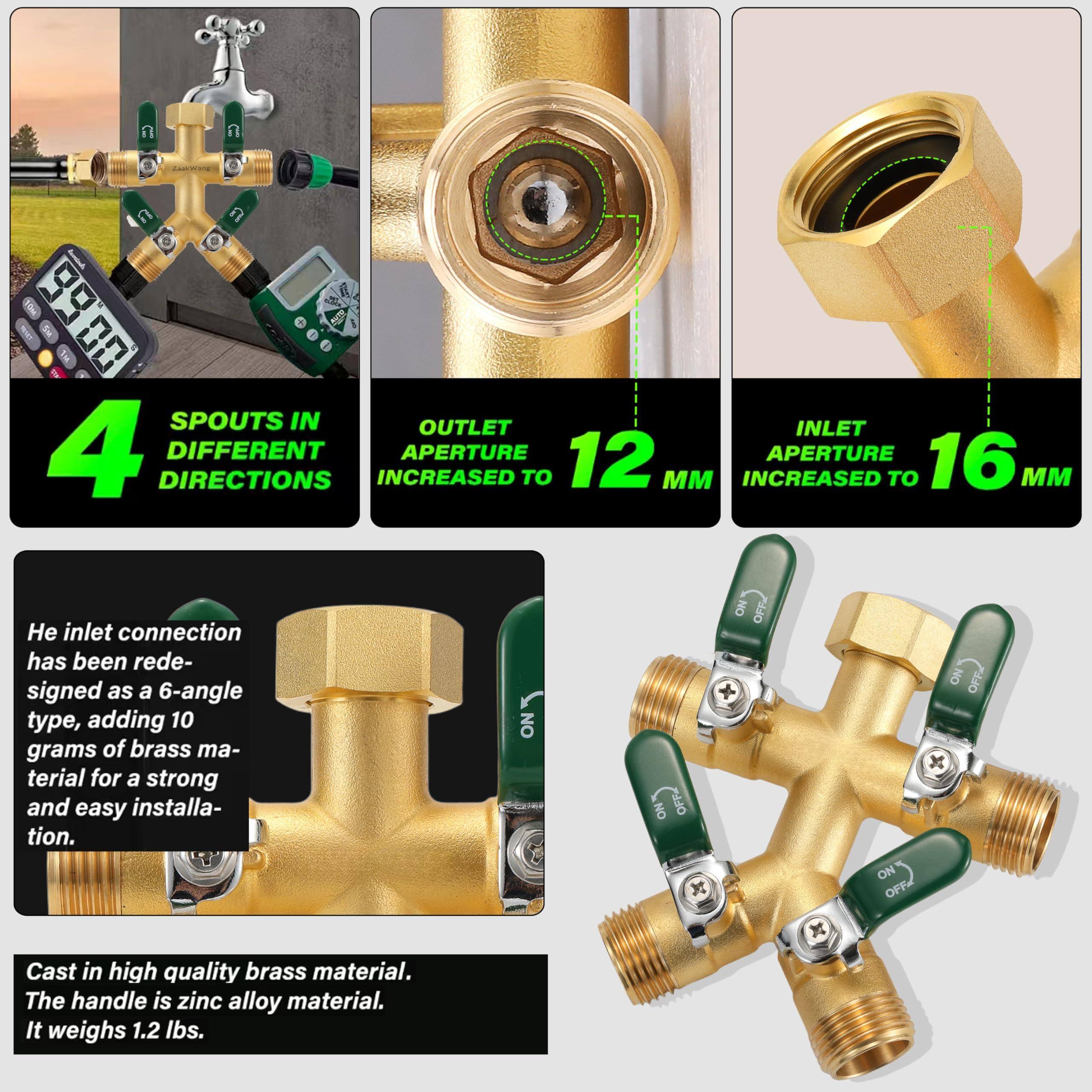 Sure, here is the corrected and grouped text from the image:

---

**4 Spouts in Different Directions**

**Outlet Aperture Increased to 12 mm**

**Inlet Aperture Increased to 16 mm**

The inlet connection has been redesigned as a 6-angle type, adding 10 grams of brass material for a strong and easy installation.

Cast in high quality brass material. The handle is zinc alloy material. It weighs 1.2 lbs.

---

**NO OFF**  
**NO OFF**  
**NO OFF**  
**NO OFF**  
**ON**  
**ON**  
**ON**  
**ON**