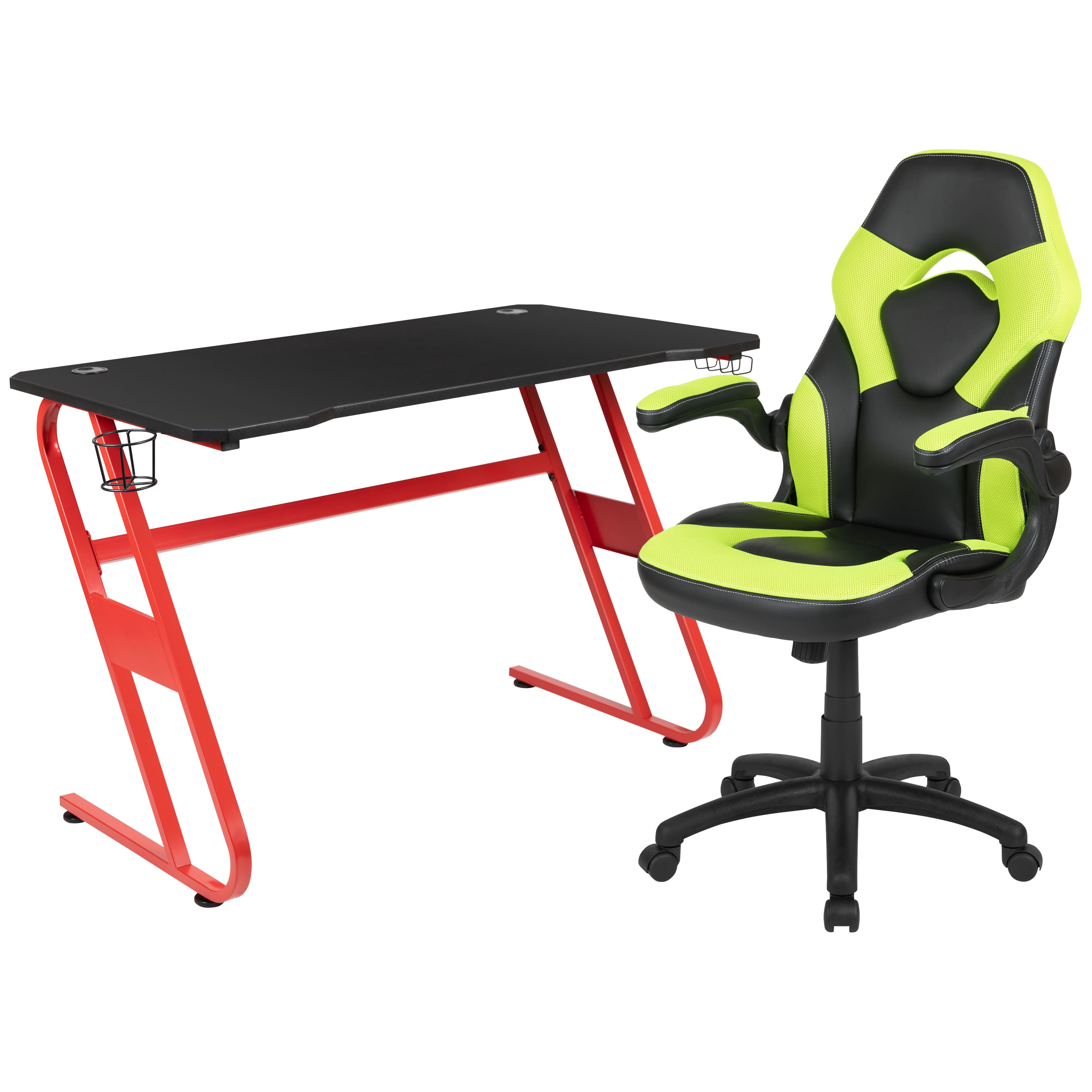 Emma + Oliver - Gaming Desk and Racing Chair Set with Cup Holder and Headphone Hook - Green