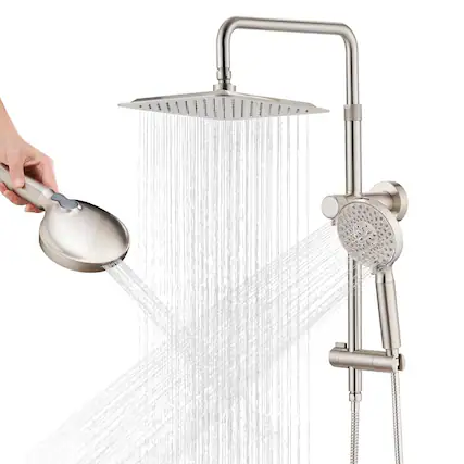 Front. Dazzed Corner - 10” High Pressure Rainfall Shower Head & Handheld Combo - Brushed Nickel.