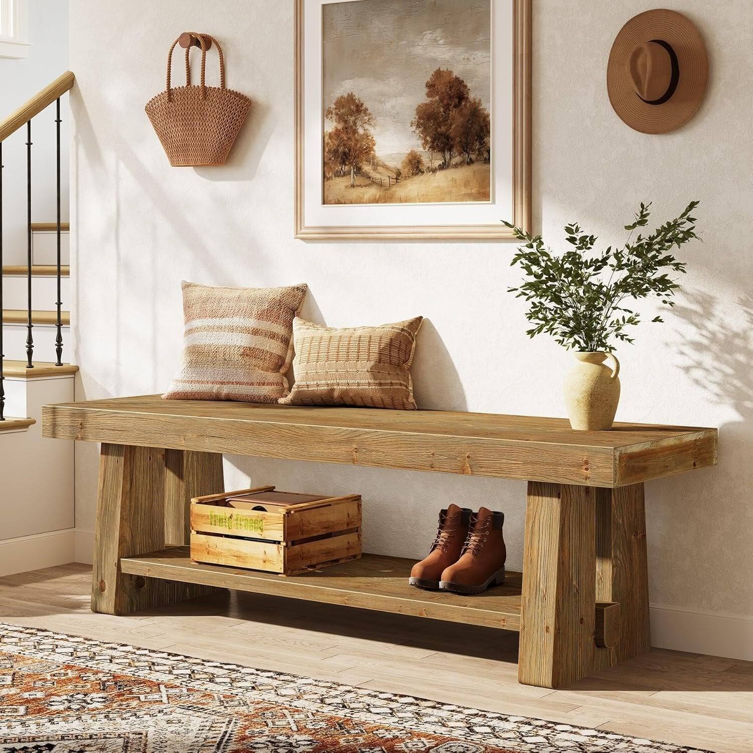 Front. Tribesigns - Office Reception Bench with Solid Wood Construction, Storage Shelves, for Office Entryways and Waiting Areas - Brown.