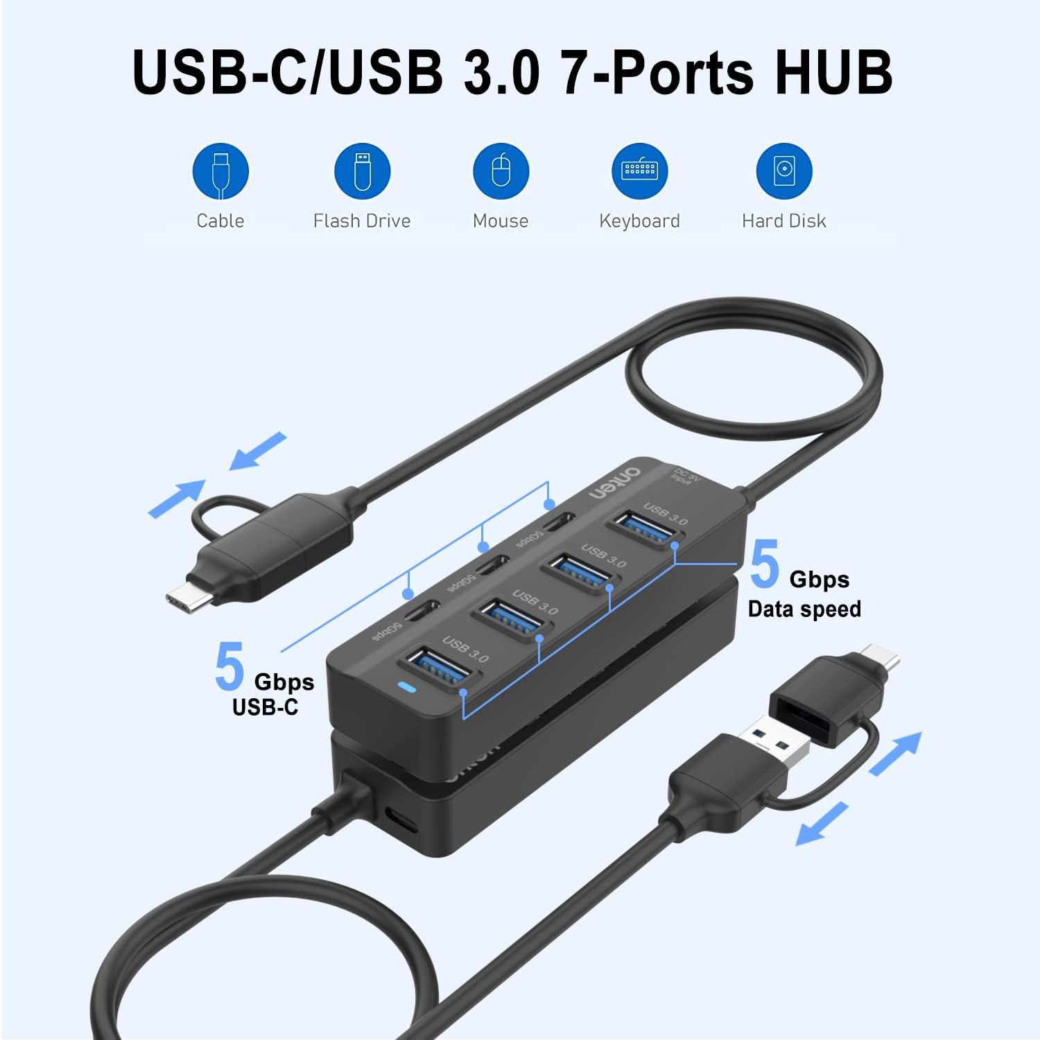 USB-C/USB 3.0 7-Ports HUB

Cable
Flash Drive
Mouse
Keyboard
Hard Disk

5 Gbps USB-C
5 Gbps USB 3.0
5 Gbps USB 3.0
5 Gbps Data speed