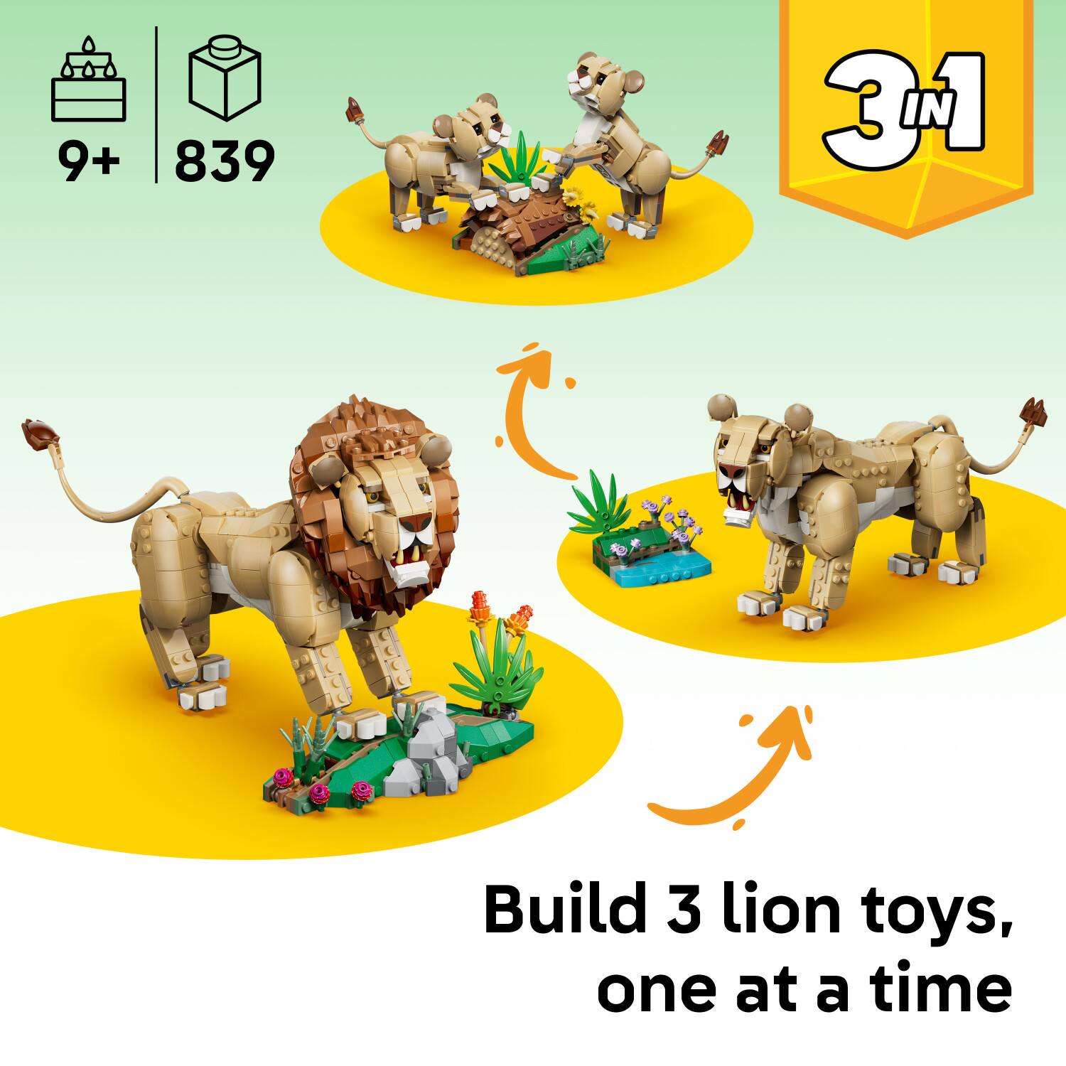 9+ 839 3 Build 3 lion toys, one at a time
