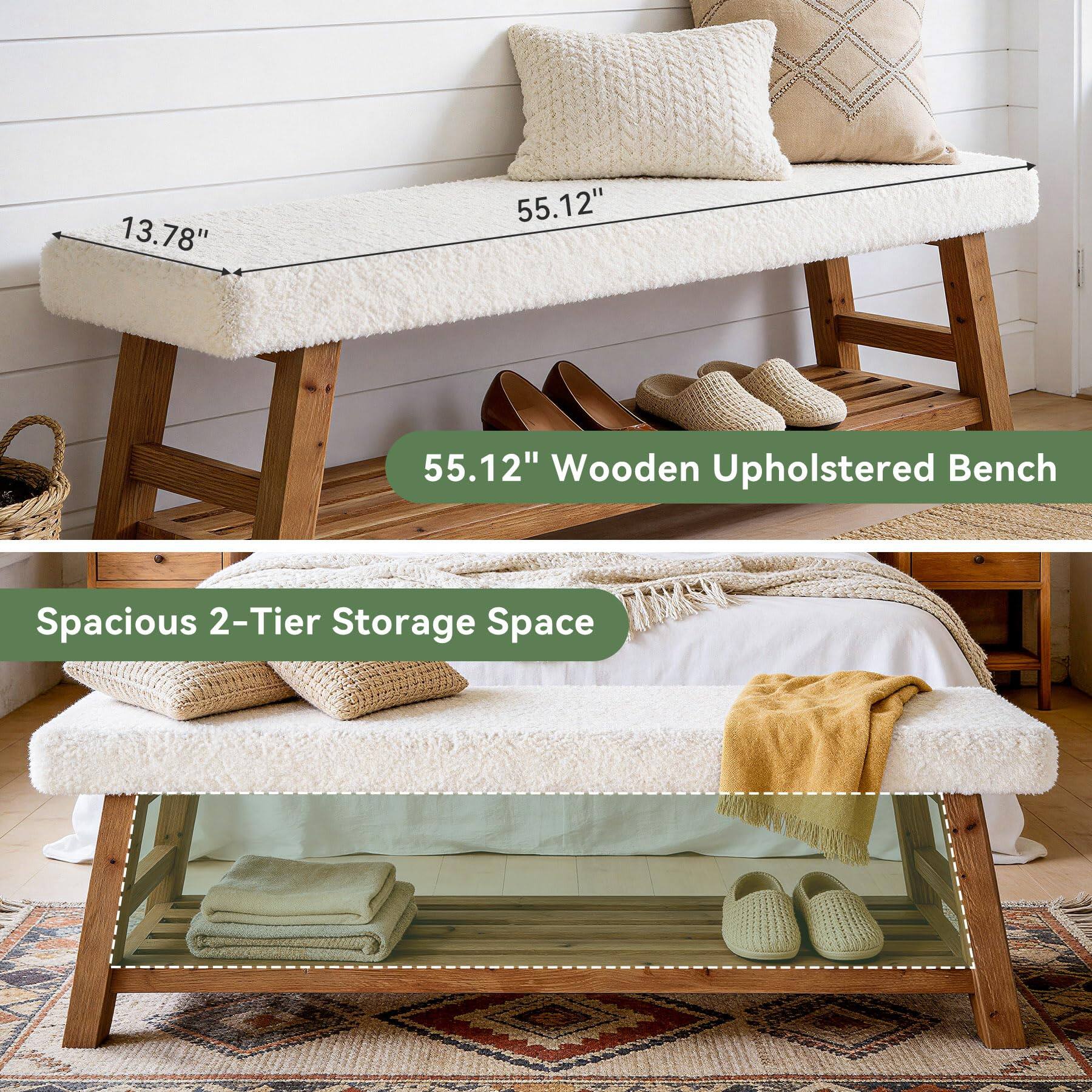 13.78"  
55.12" Wooden Upholstered Bench  
Spacious 2-Tier Storage Space