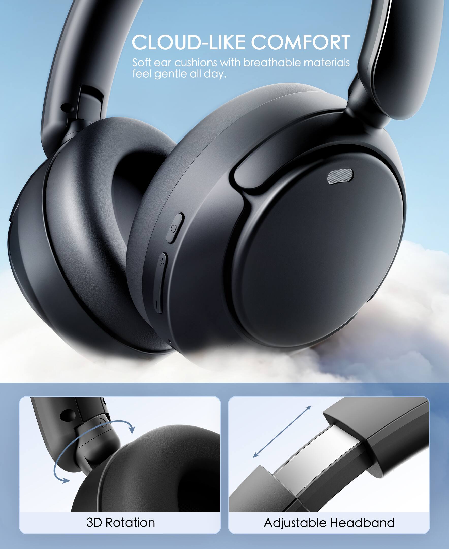 CLOUD-LIKE COMFORT  
Soft ear cushions with breathable materials feel gentle all day.

3D Rotation  
Adjustable Headband