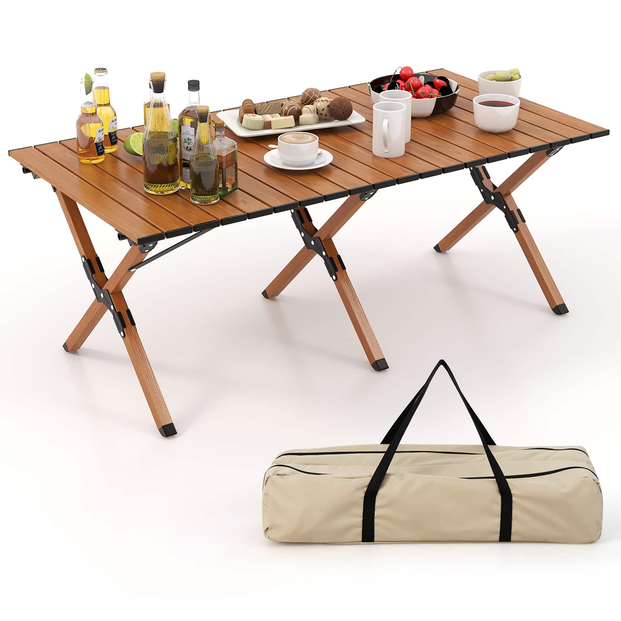 Front. Costway - Costway Folding Aluminum Camping Table with Carry Bag Roll-Up Picnic Table with Wood Grain - Natural.