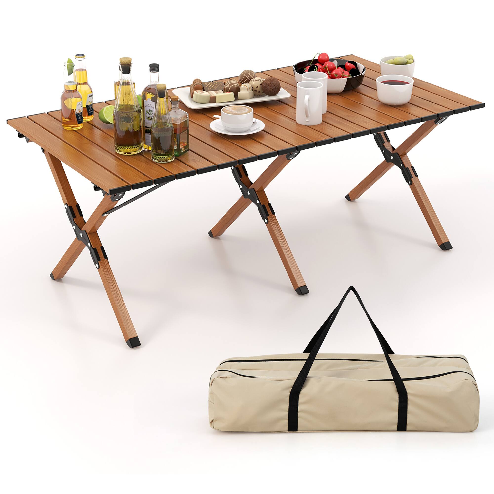 Costway - Folding Aluminum Camping Table with Carry Bag Roll-Up Picnic Table with Wood Grain - Natural