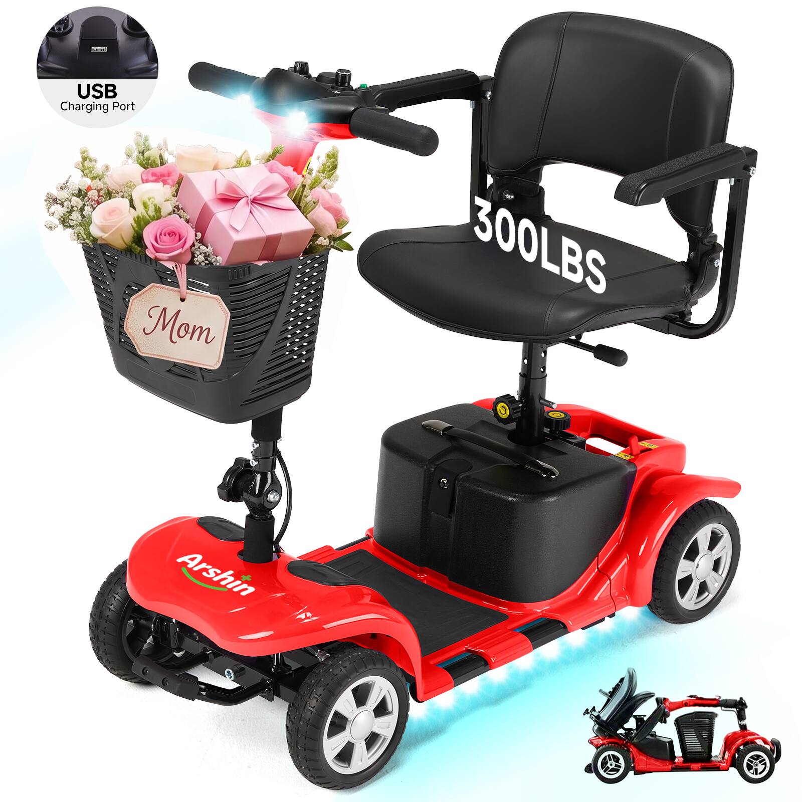 Hover Heart - Electric Mobility Scooter for Adults, Portable 4 Wheel Travel Scooter with Adjustable Seat and LED Light - Red price history on PriceWatchPro