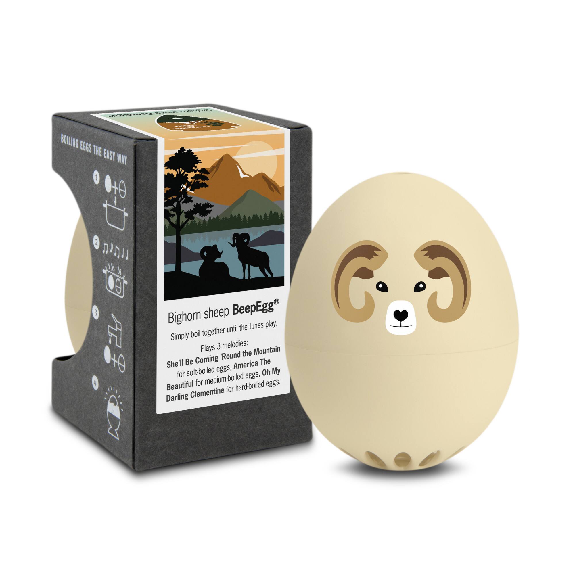 Bighorn sheep BeepEgg®

Simply boil together until the tunes play. Plays 3 melodies:
Round the Mountain
She'll Be Coming America The
Beautiful for medium-boiled eggs, Oh My
Darling Clementine for hard-boiled eggs.