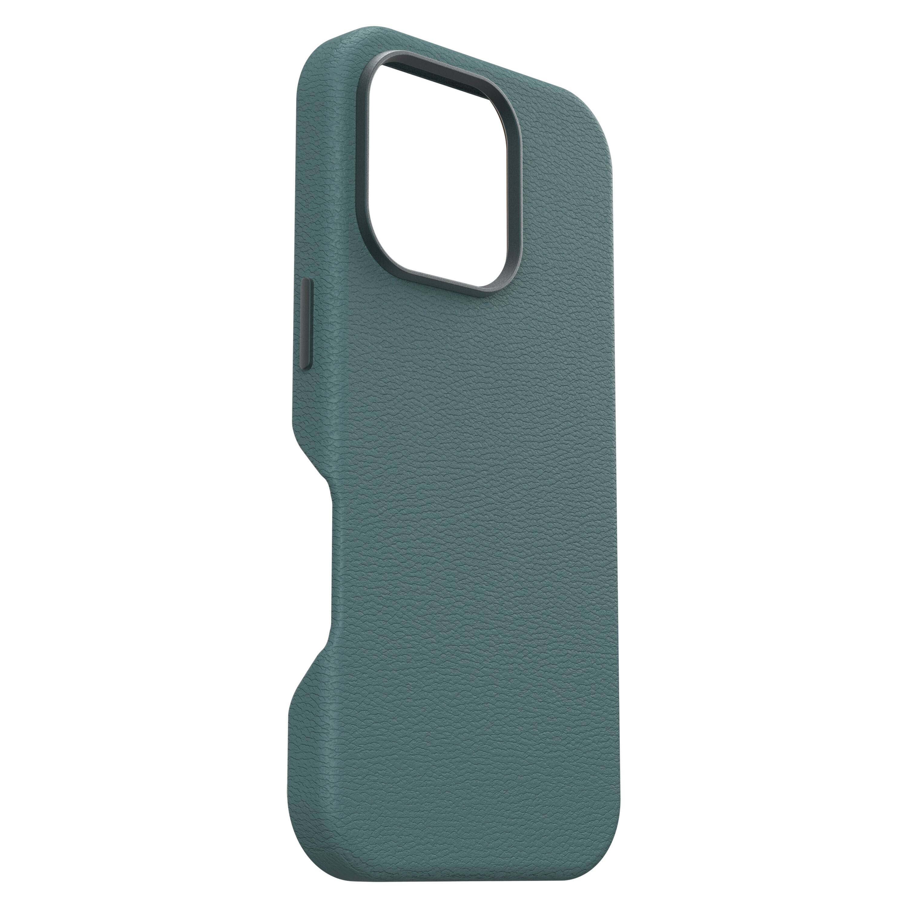 Left. OtterBox - Symmetry Cactus Leather Series Hard Shell for MagSafe for Apple iPhone 16 - Juniper Sprig.
