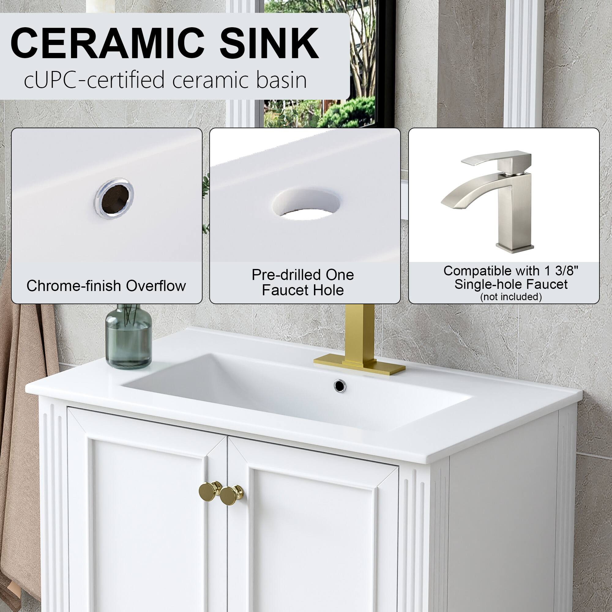 CERAMIC SINK  
cUPC-certified ceramic basin  
Chrome-finish Overflow  
Pre-drilled One Faucet Hole  
Compatible with 1 3/8" Single-hole Faucet (not included)