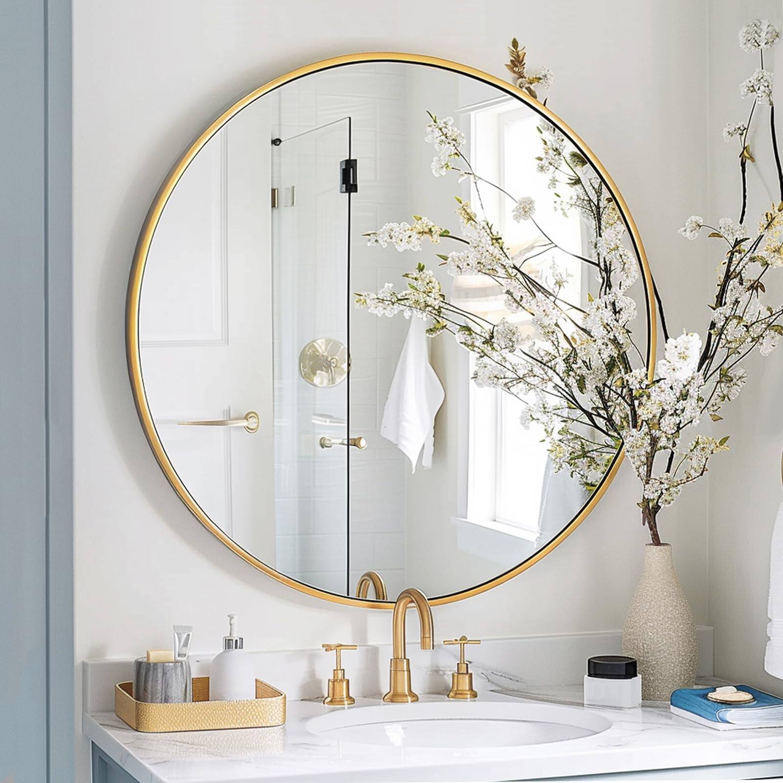 Alt View 4. Skar Audio - Round 24 Inch Circle Metal Frame Bathroom Mirrors Wall Mounted For Hallway Living Room Bedroom Gold High - Black 24"L x 24"W.